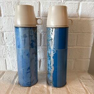 Vintage Keapsit Thermos Bottles Set 2 Blue Stripe Quart Cup Lid Bottle 2455